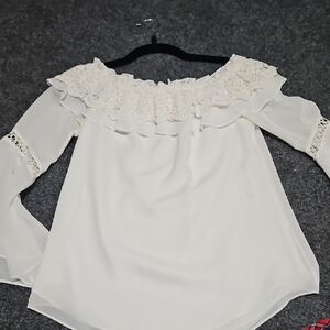 White House Black Market Cream Lace Off-Shoulder Blouse